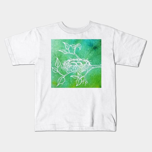 Bird nest on watercolor Kids T-Shirt by cschwebel